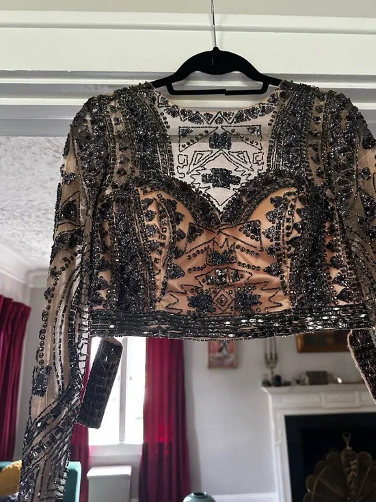 Prom Gown Sherri Hill 2 piece Navy Sequin 8 Mesh - Picture 6 of 8